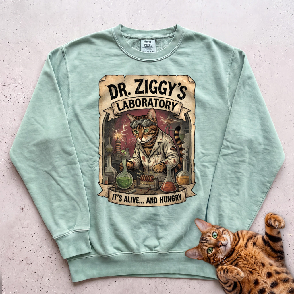 Personalized Mad Scientist Laboratory Cat Sweatshirt - Light Green