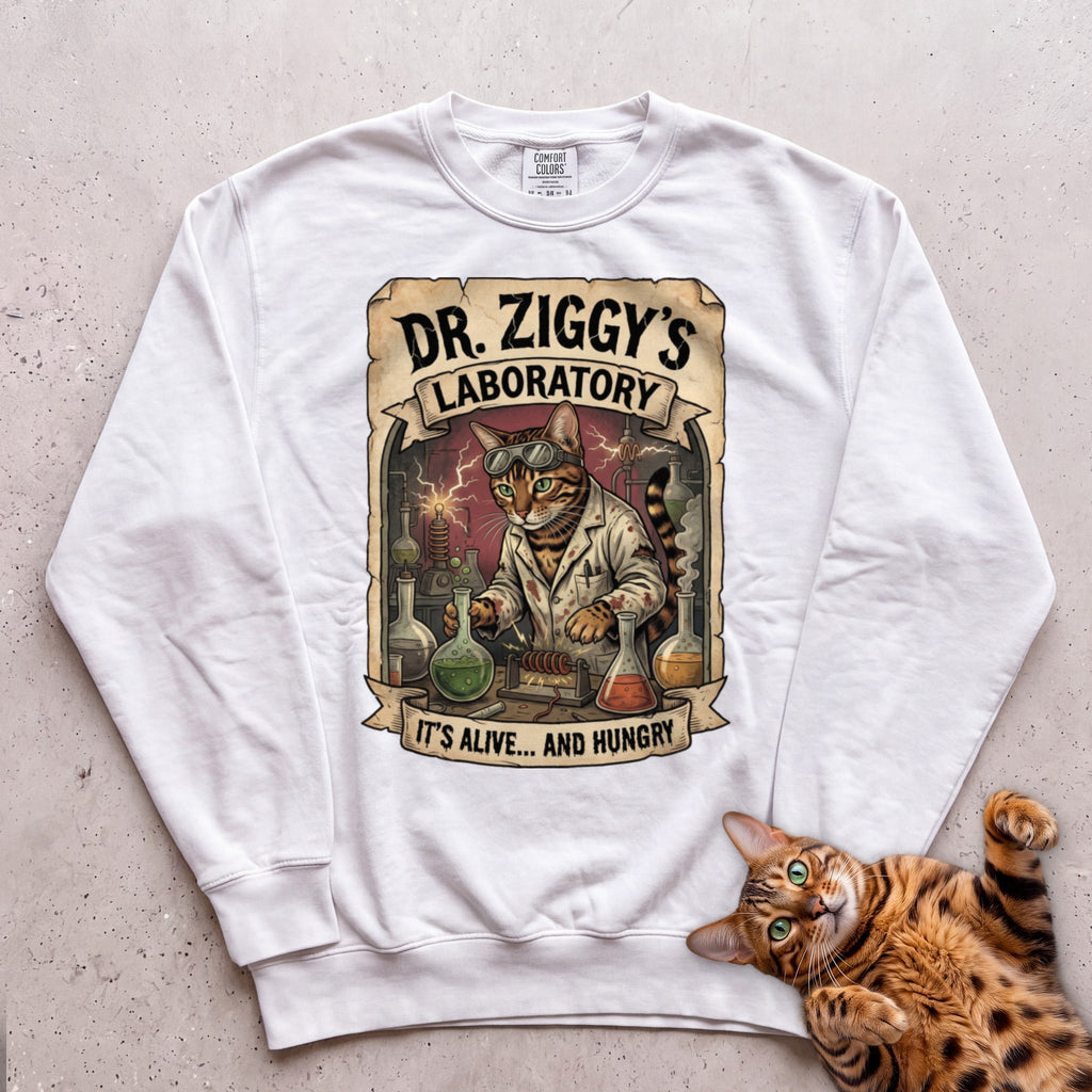 Personalized Mad Scientist Laboratory Cat Sweatshirt - White