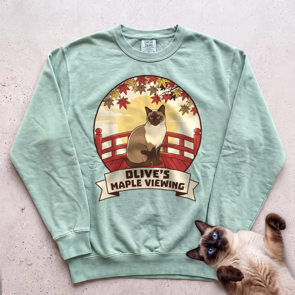 Personalized Maple Viewing Cat Sweatshirt - Light Green