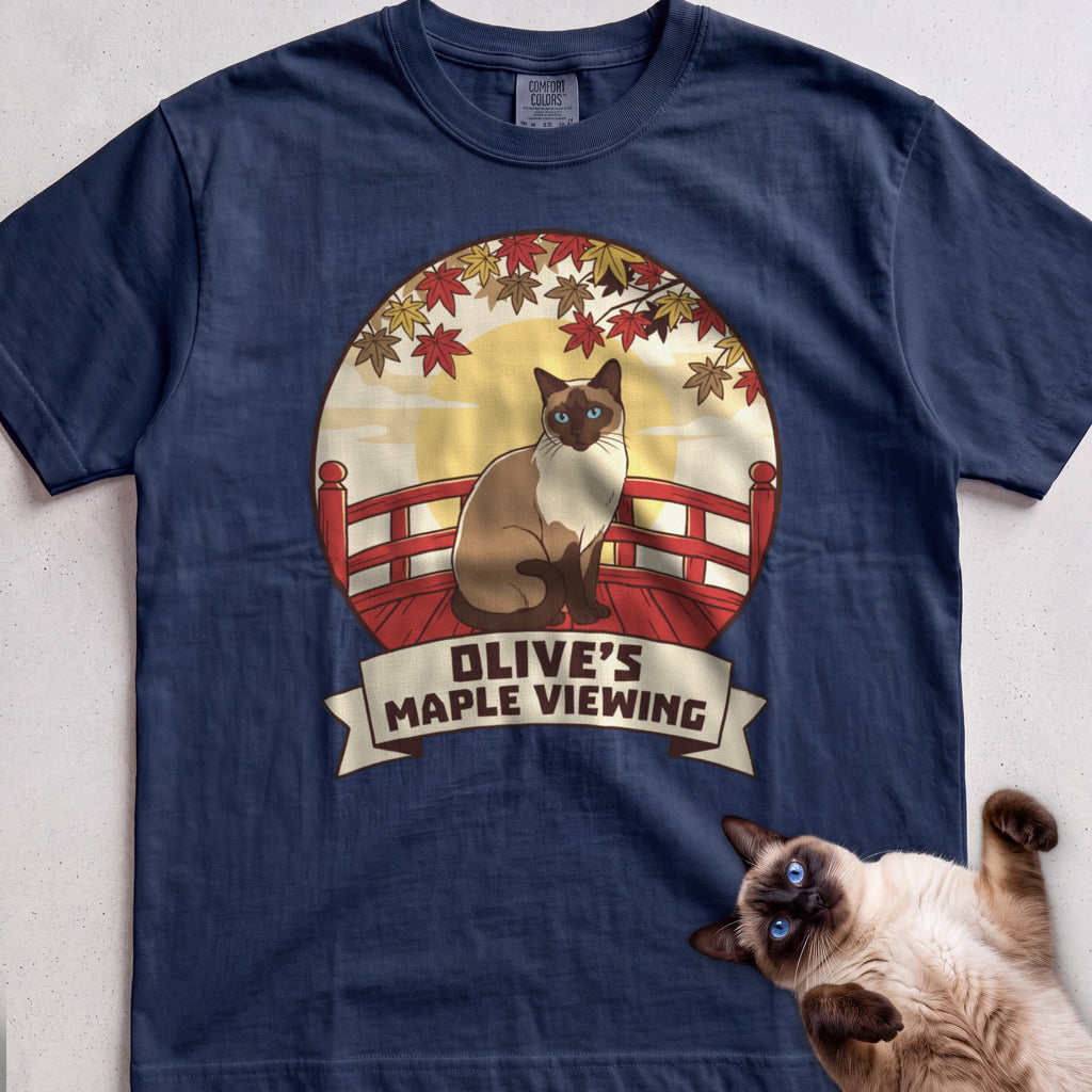 Personalized Maple Viewing Cat T-Shirt - True Navy