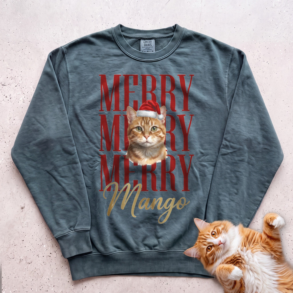 Personalized Merry Merry Merry Cat Sweatshirt - Blue Spruce