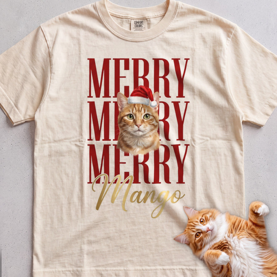 Personalized Merry Merry Merry Cat T-Shirt - Ivory