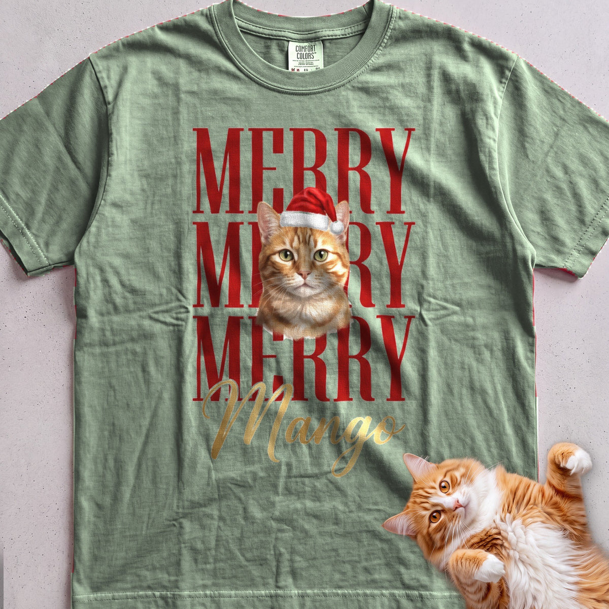 Personalized Merry Merry Merry Cat T-Shirt - Light Green