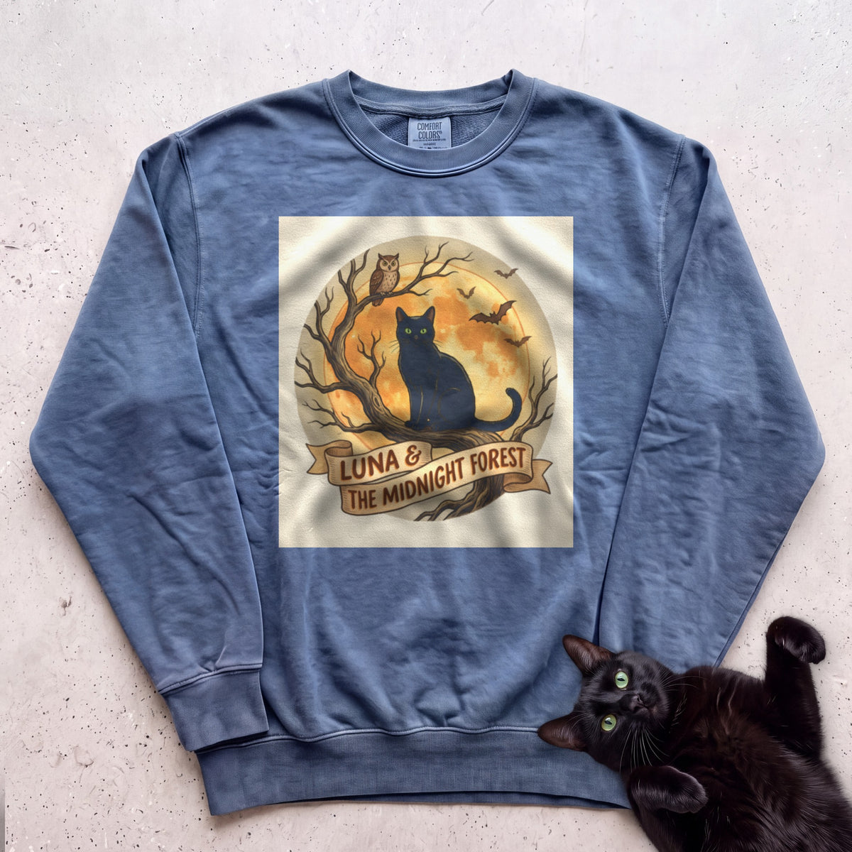 Personalized Midnight Forest Cat Sweatshirt - Blue Jean