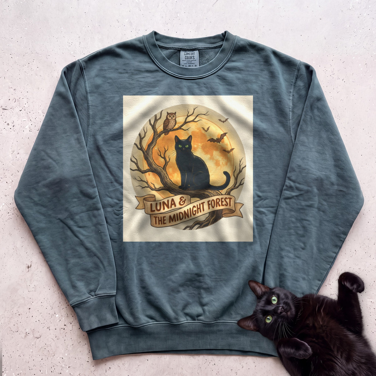 Personalized Midnight Forest Cat Sweatshirt - Blue Spruce