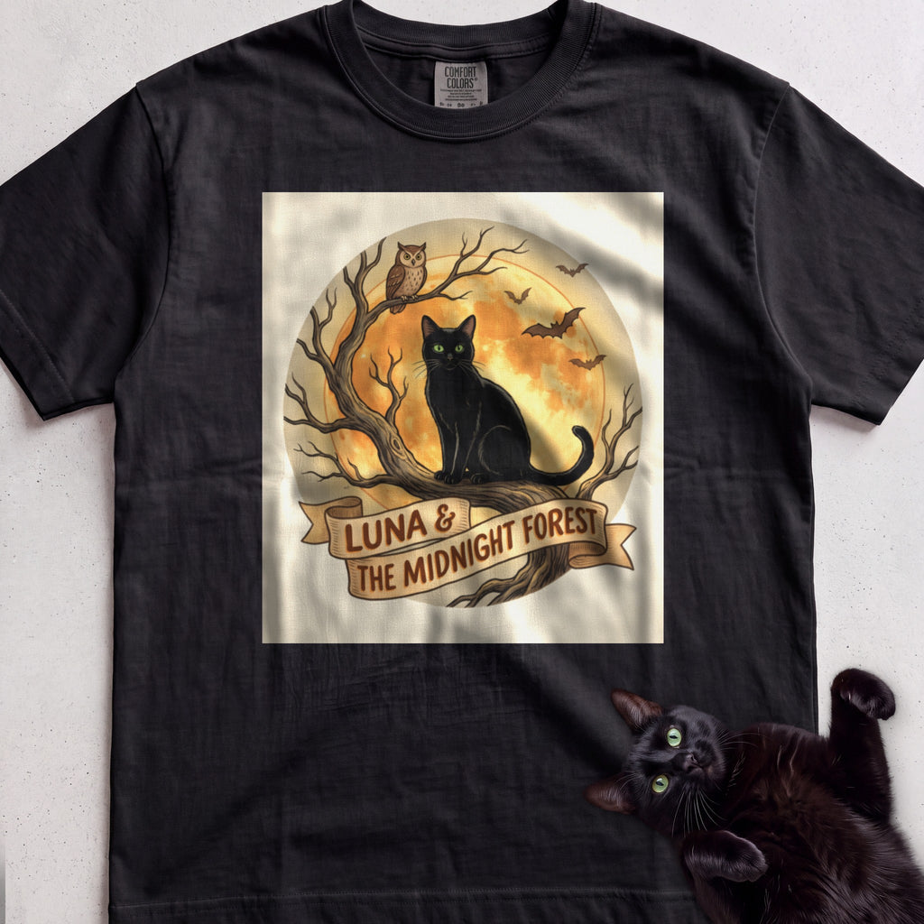 Personalized Midnight Forest Cat T-Shirt - Black