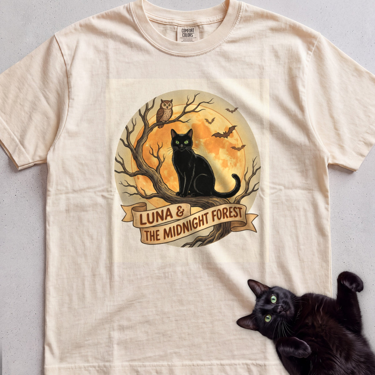 Personalized Midnight Forest Cat T-Shirt - Ivory