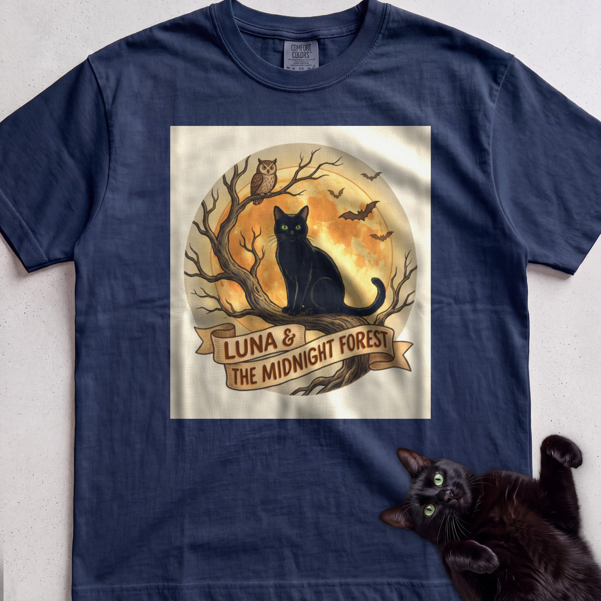 Personalized Midnight Forest Cat T-Shirt - True Navy
