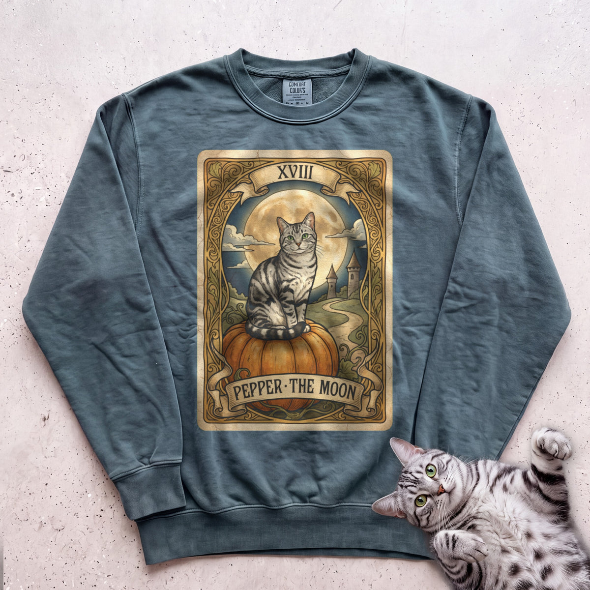 Personalized Moon Tarot Cat Sweatshirt - Blue Spruce