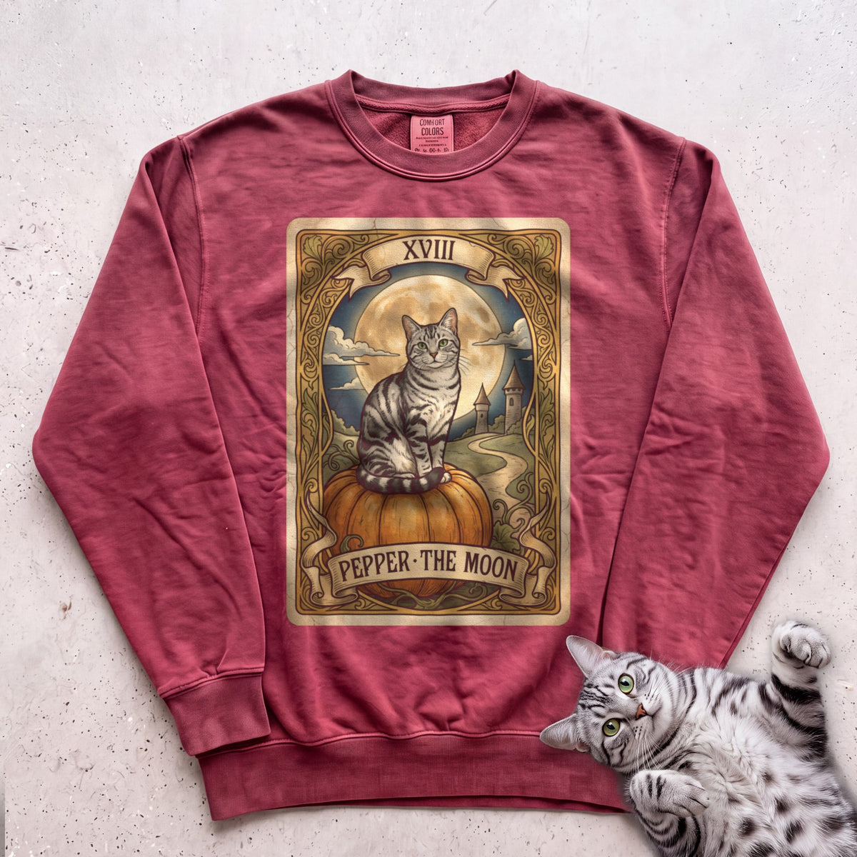 Personalized Moon Tarot Cat Sweatshirt - Crimson