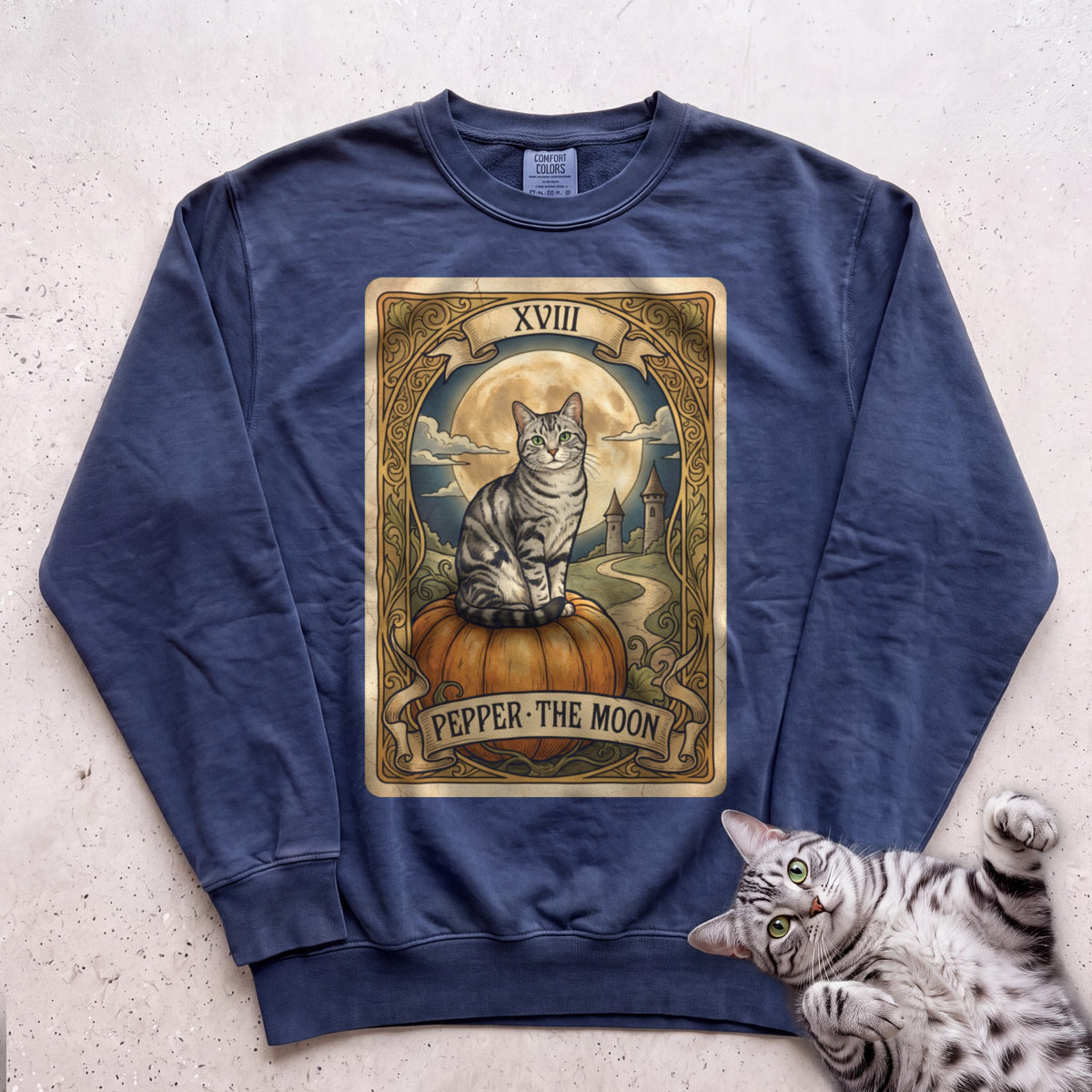 Personalized Moon Tarot Cat Sweatshirt - True Navy