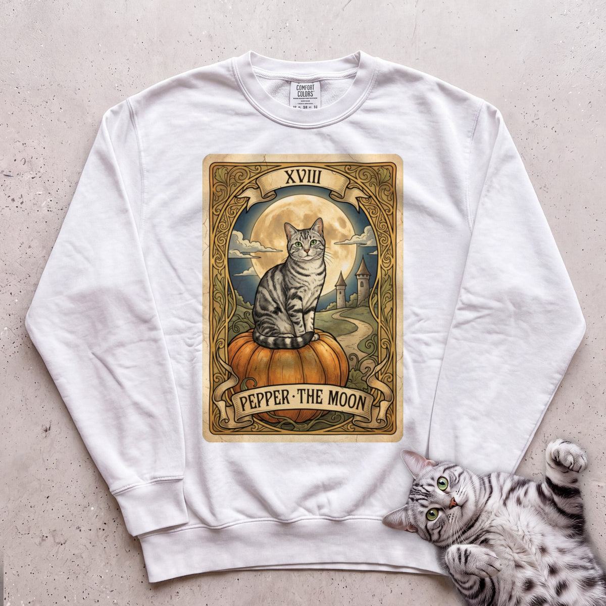Personalized Moon Tarot Cat Sweatshirt - White
