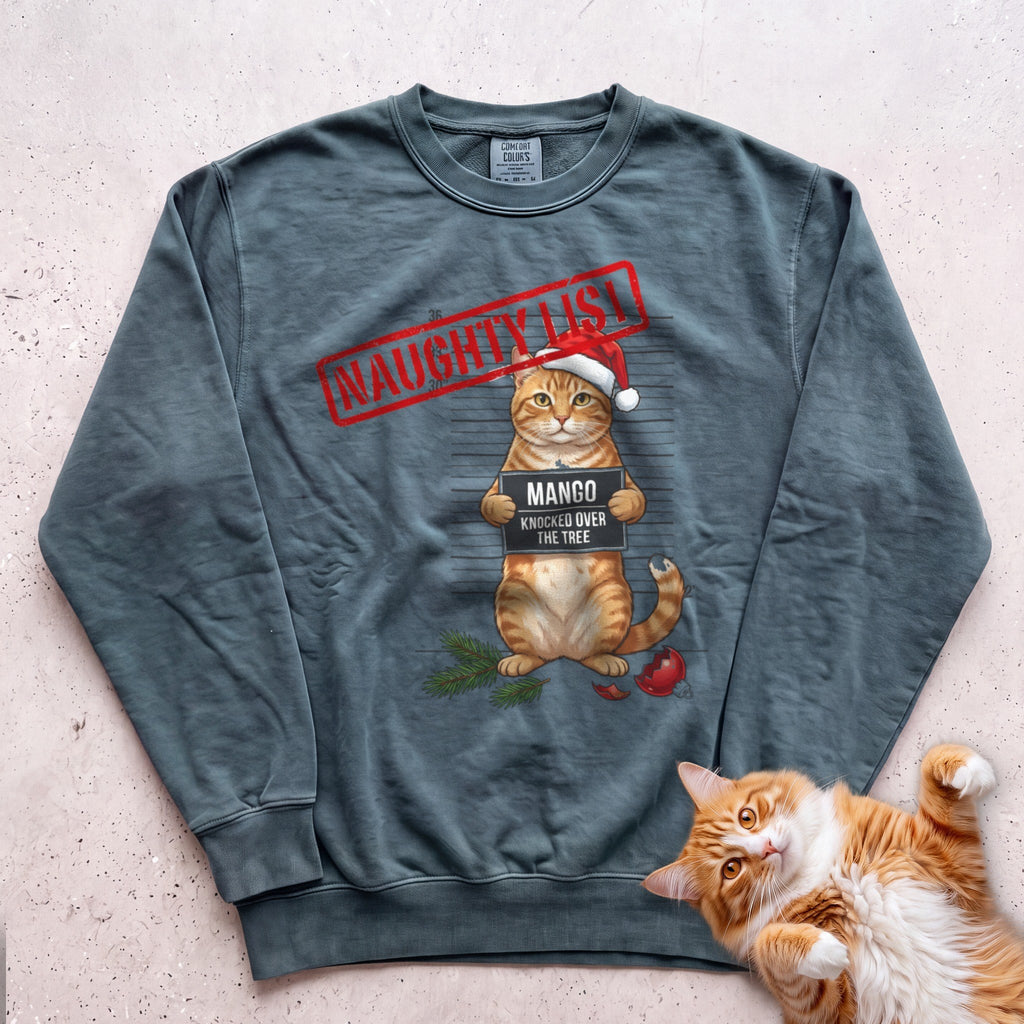 Personalized Naughty List Mugshot Cat Sweatshirt - Blue Spruce