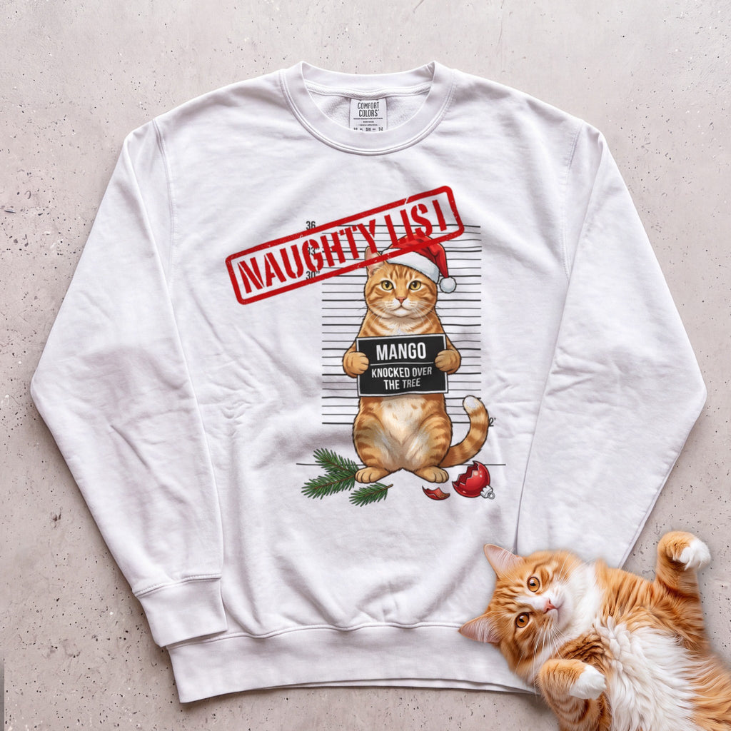 Personalized Naughty List Mugshot Cat Sweatshirt - White