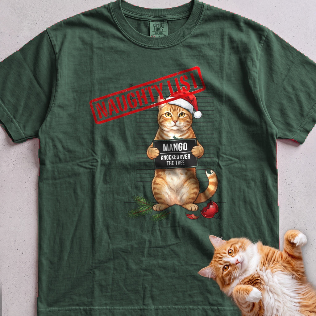 Personalized Naughty List Mugshot Cat T-Shirt - Blue Spruce