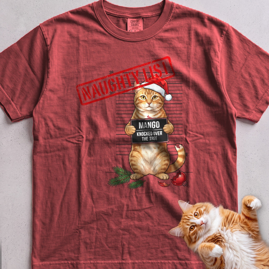 Personalized Naughty List Mugshot Cat T-Shirt - Crimson