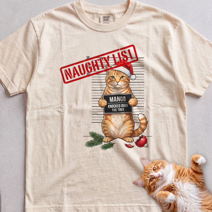 Personalized Naughty List Mugshot Cat T-Shirt - Ivory