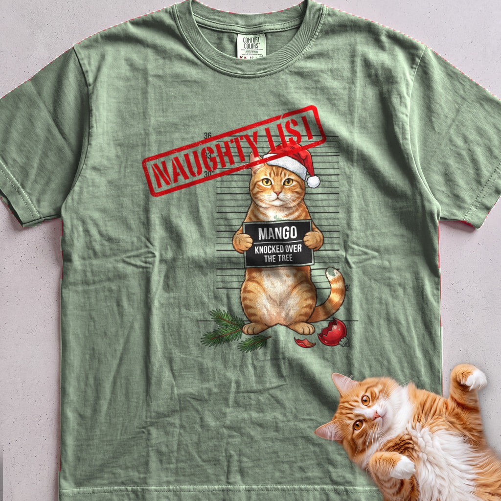 Personalized Naughty List Mugshot Cat T-Shirt - Light Green