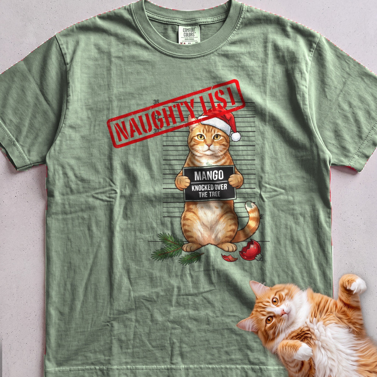 Personalized Naughty List Mugshot Cat T-Shirt - Light Green