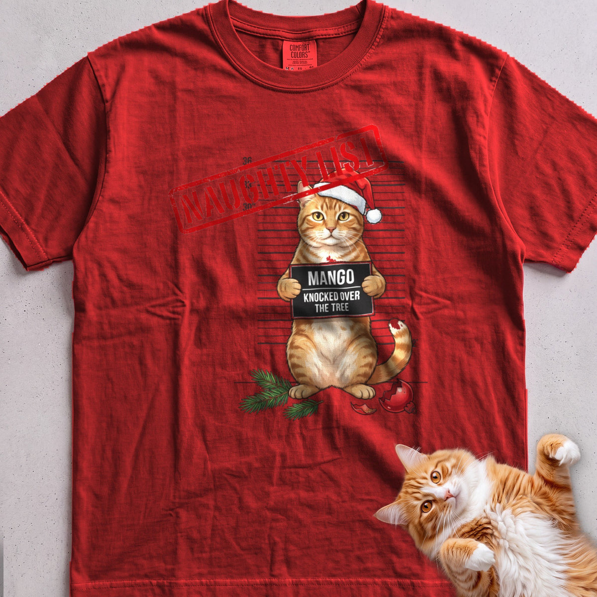 Personalized Naughty List Mugshot Cat T-Shirt - Red
