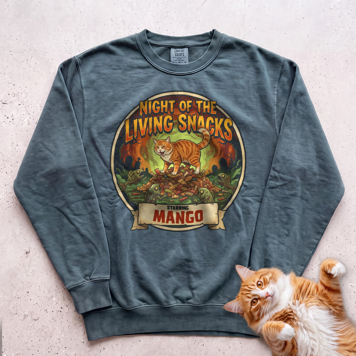 Personalized Night of the Living Snacks Cat Sweatshirt - Blue Spruce