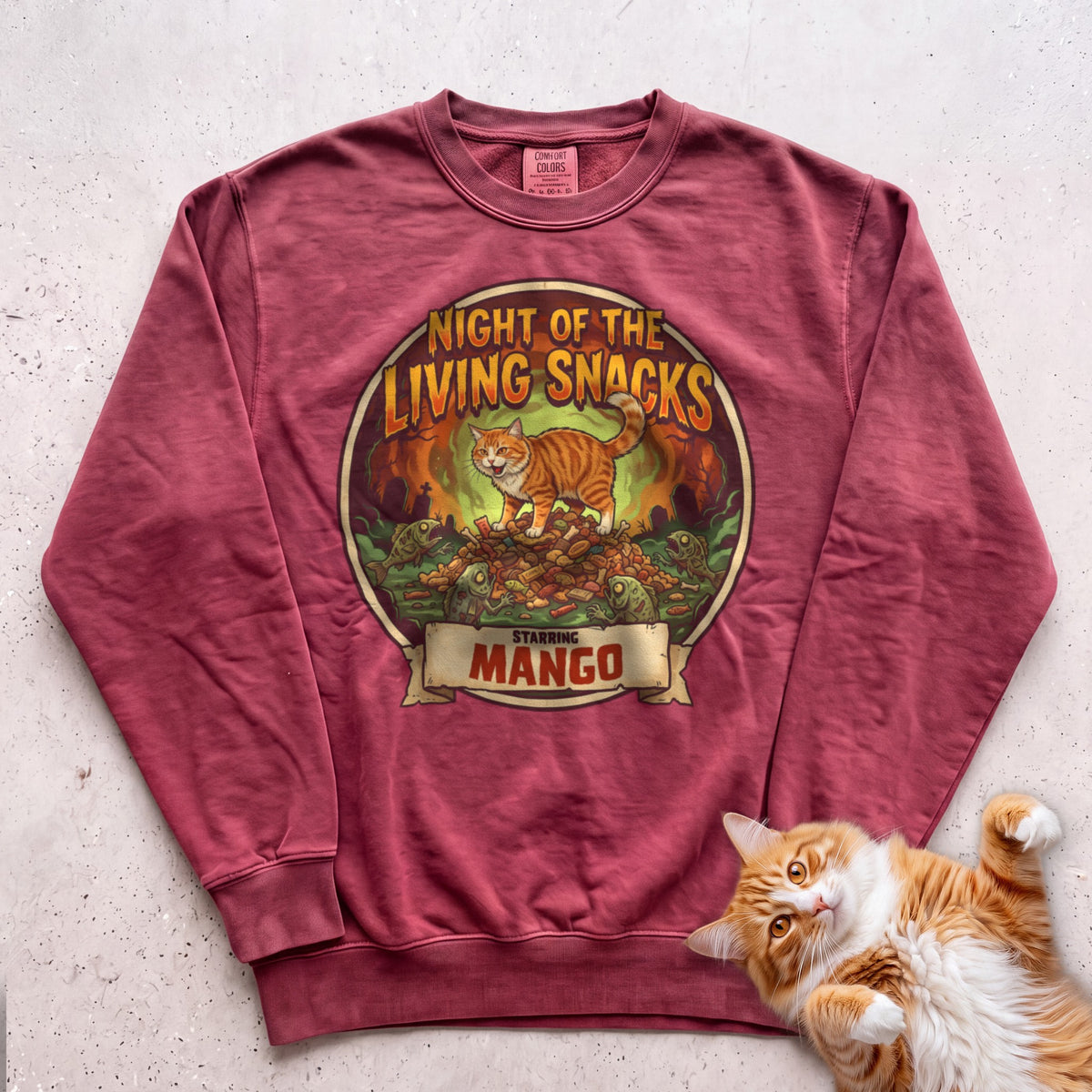 Personalized Night of the Living Snacks Cat Sweatshirt - Crimson