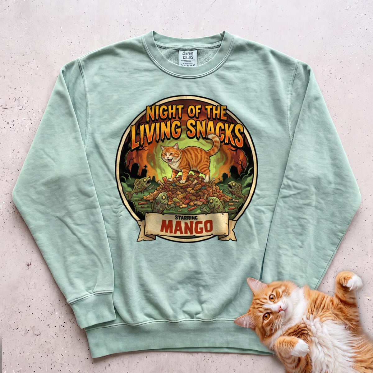 Personalized Night of the Living Snacks Cat Sweatshirt - Light Green