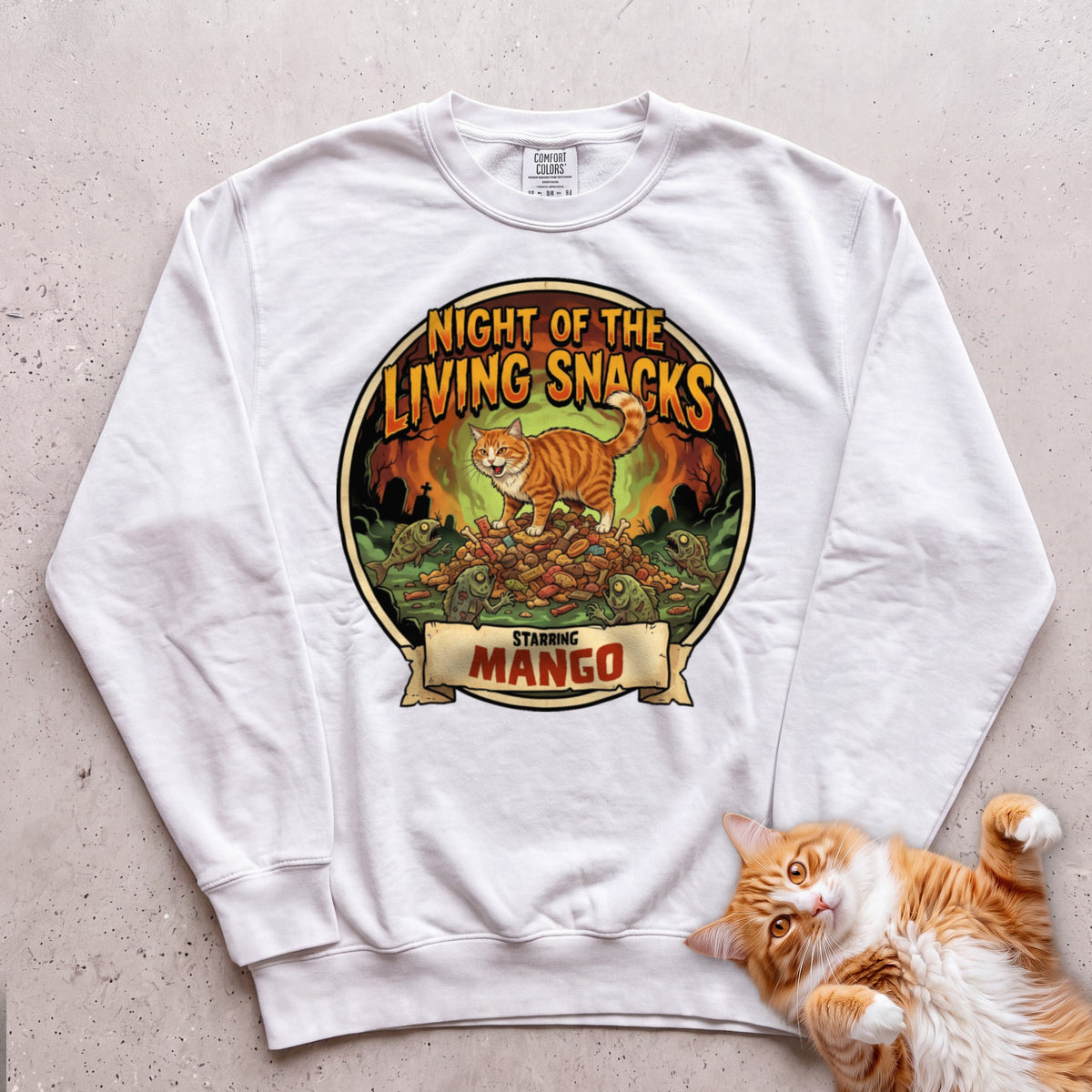 Personalized Night of the Living Snacks Cat Sweatshirt - White
