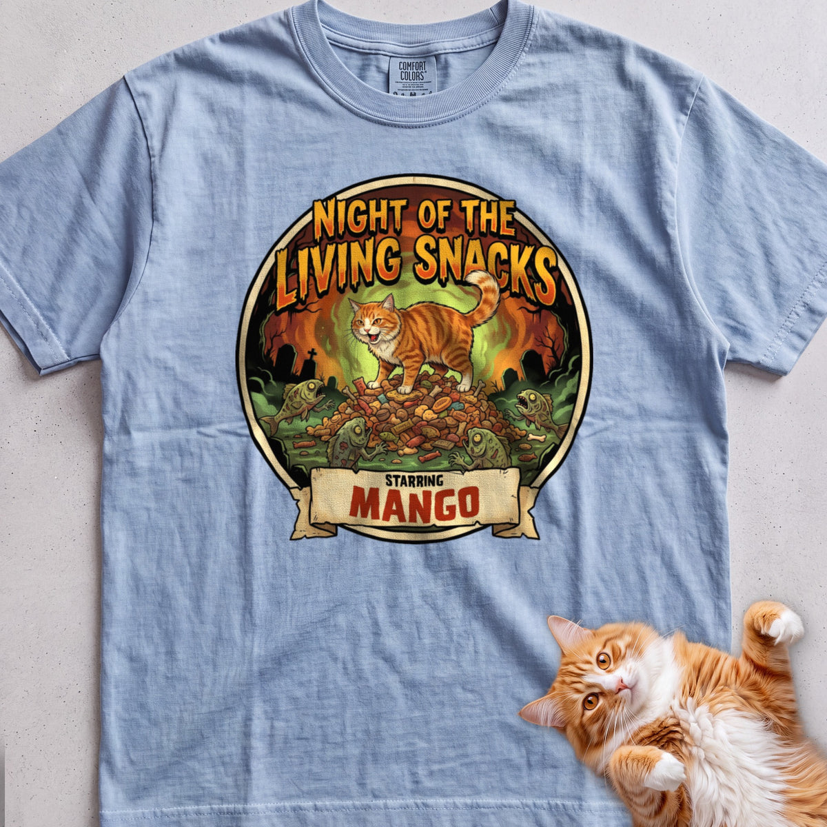 Personalized Night of the Living Snacks Cat T-Shirt - Chambray