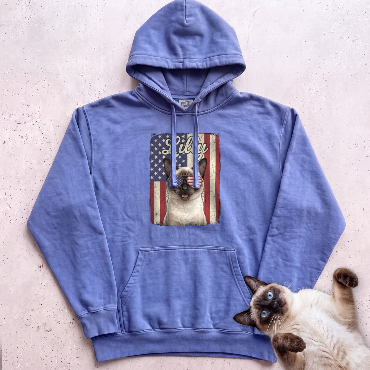 Personalized Patriotic Flag Hoodie Cat Customizable - Flo Blue