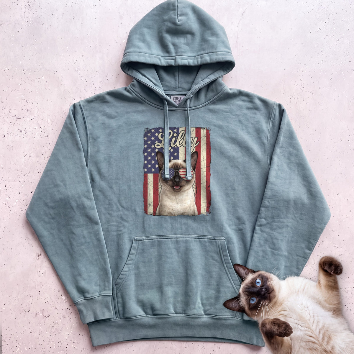 Personalized Patriotic Flag Hoodie Cat Customizable - Seafoam