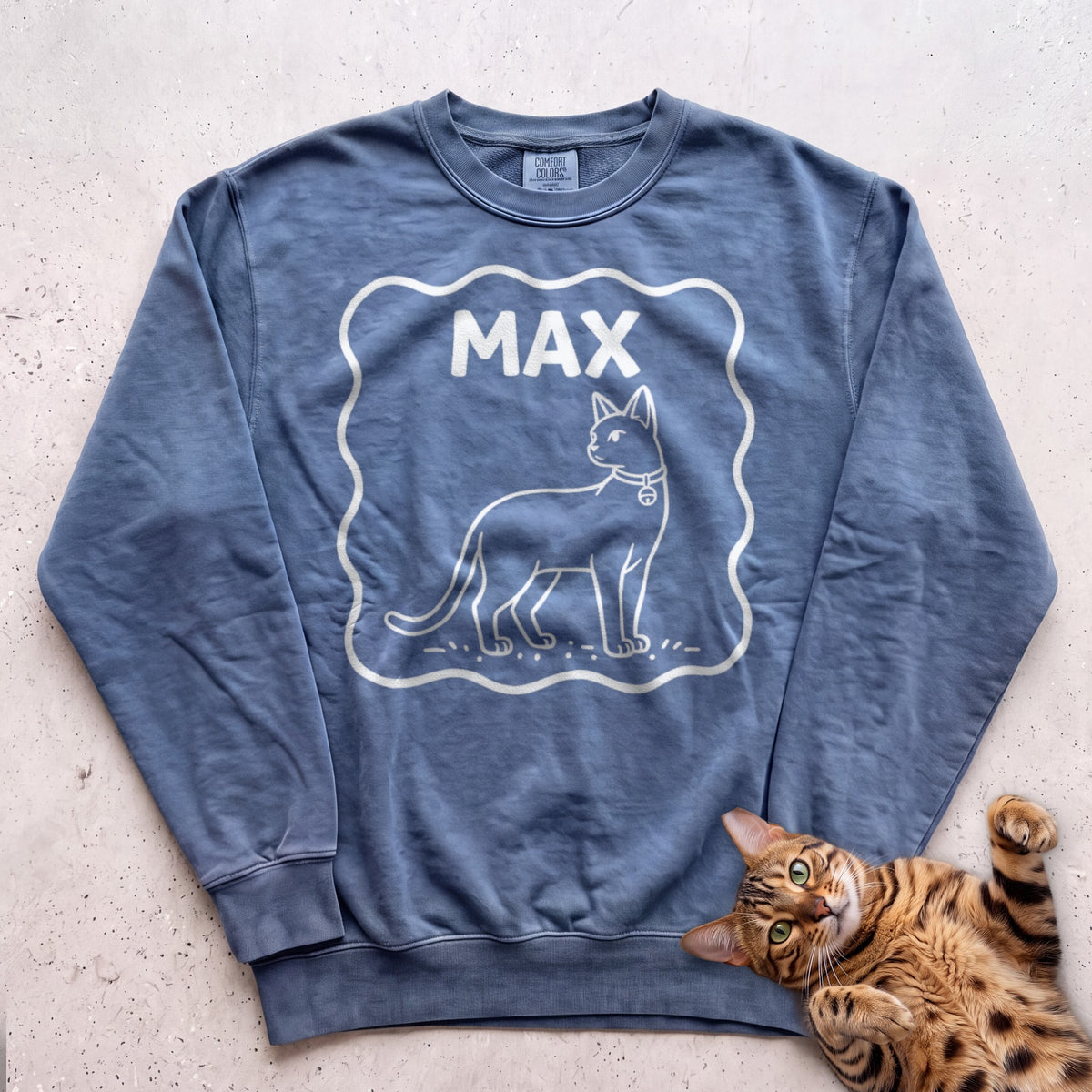 Personalized Pet Name Sweatshirt — Minimalist Cat Custom Illustration Sweatshirt - Blue Jean