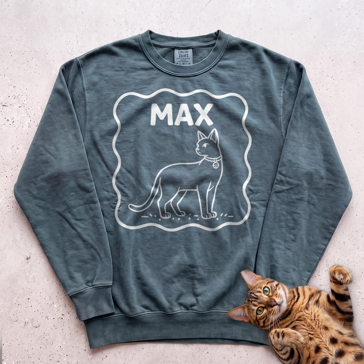 Personalized Pet Name Sweatshirt — Minimalist Cat Custom Illustration Sweatshirt - Blue Spruce