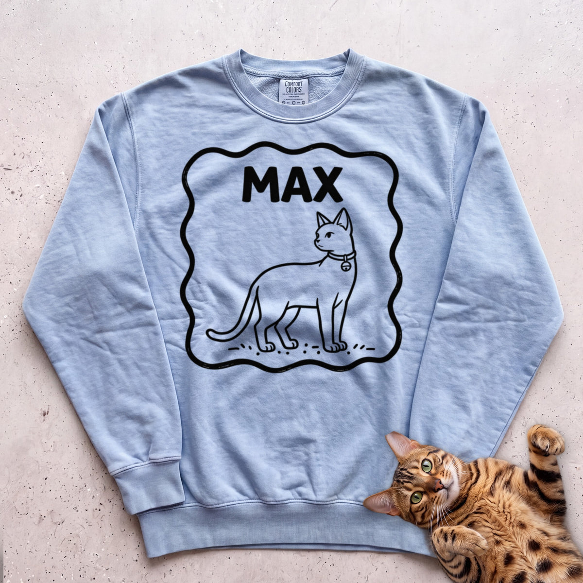 Personalized Pet Name Sweatshirt — Minimalist Cat Custom Illustration Sweatshirt - Chambray