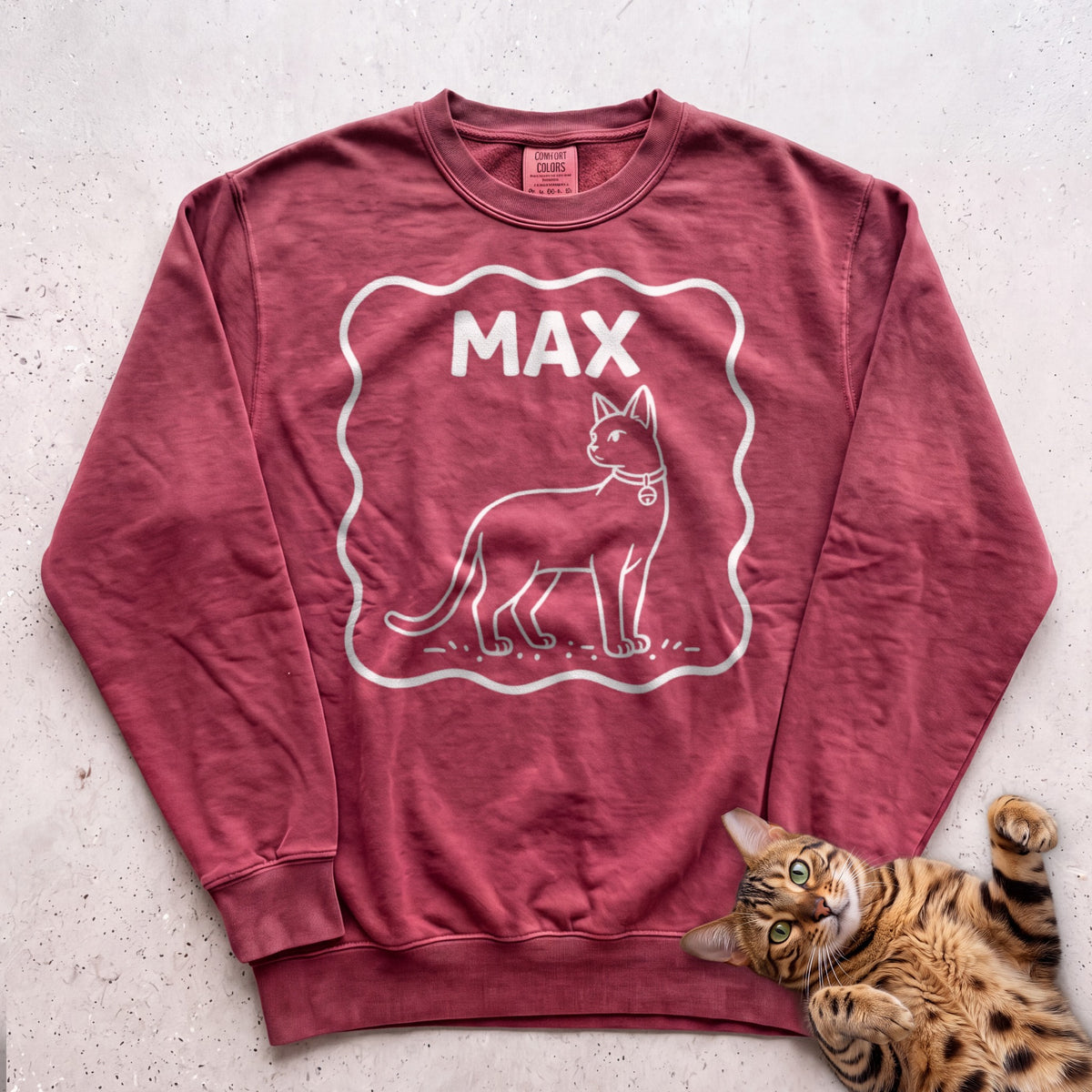 Personalized Pet Name Sweatshirt — Minimalist Cat Custom Illustration Sweatshirt - Crimson