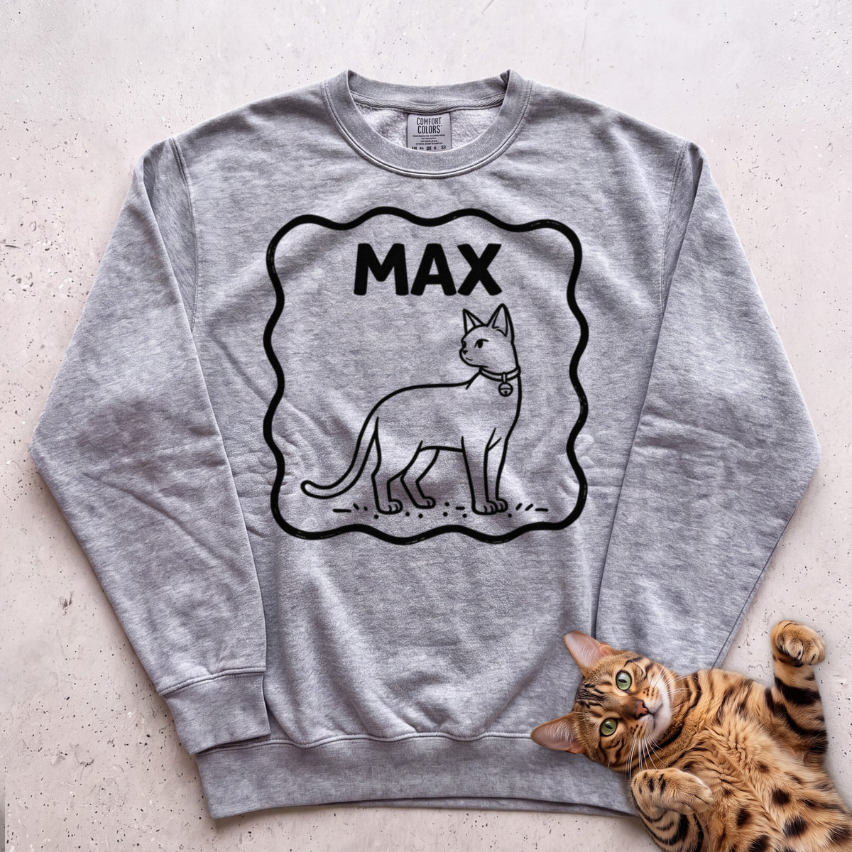 Personalized Pet Name Sweatshirt — Minimalist Cat Custom Illustration Sweatshirt - Grey