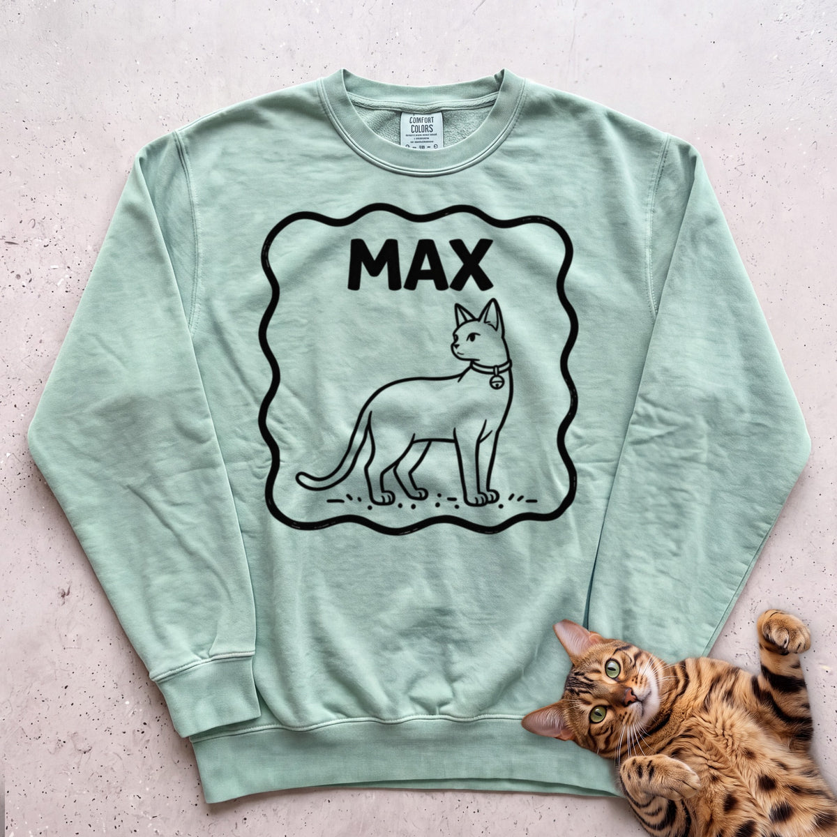 Personalized Pet Name Sweatshirt — Minimalist Cat Custom Illustration Sweatshirt - Light Green