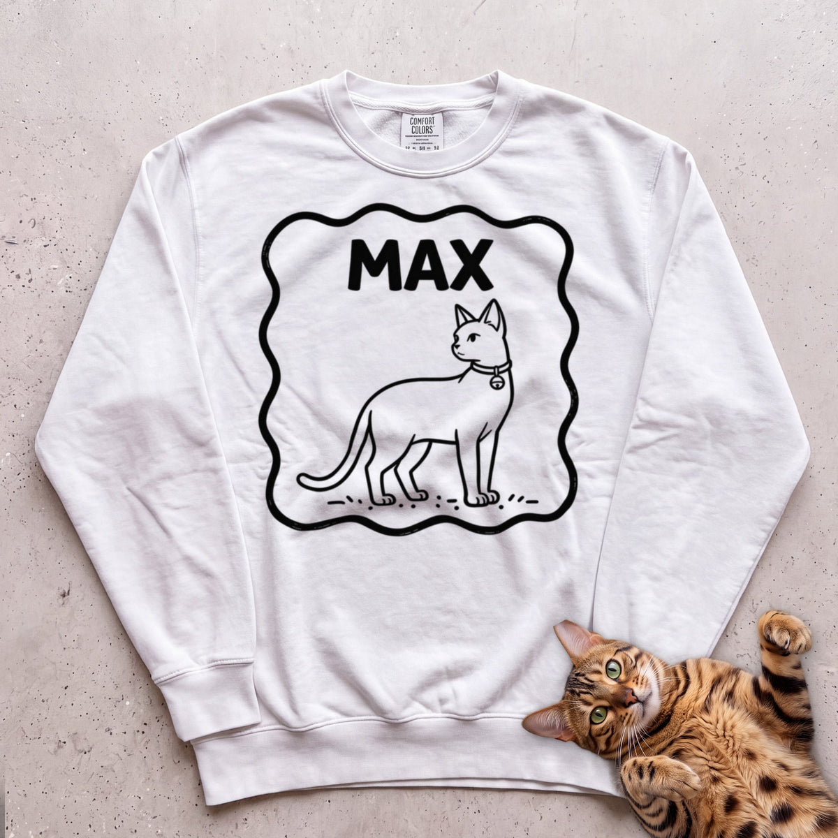 Personalized Pet Name Sweatshirt — Minimalist Cat Custom Illustration Sweatshirt - White