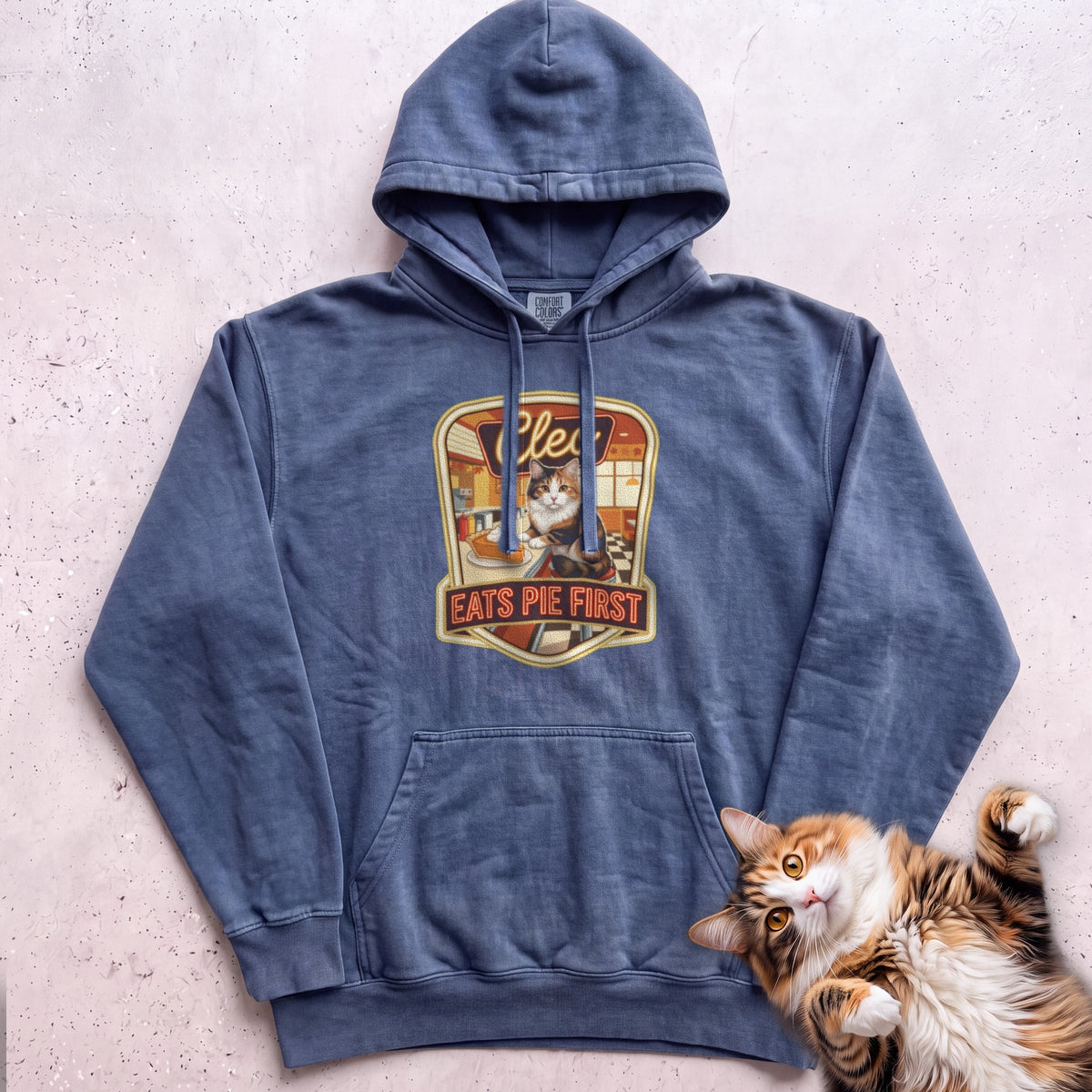 Personalized Pie First Diner Cat Hoodie - Denim