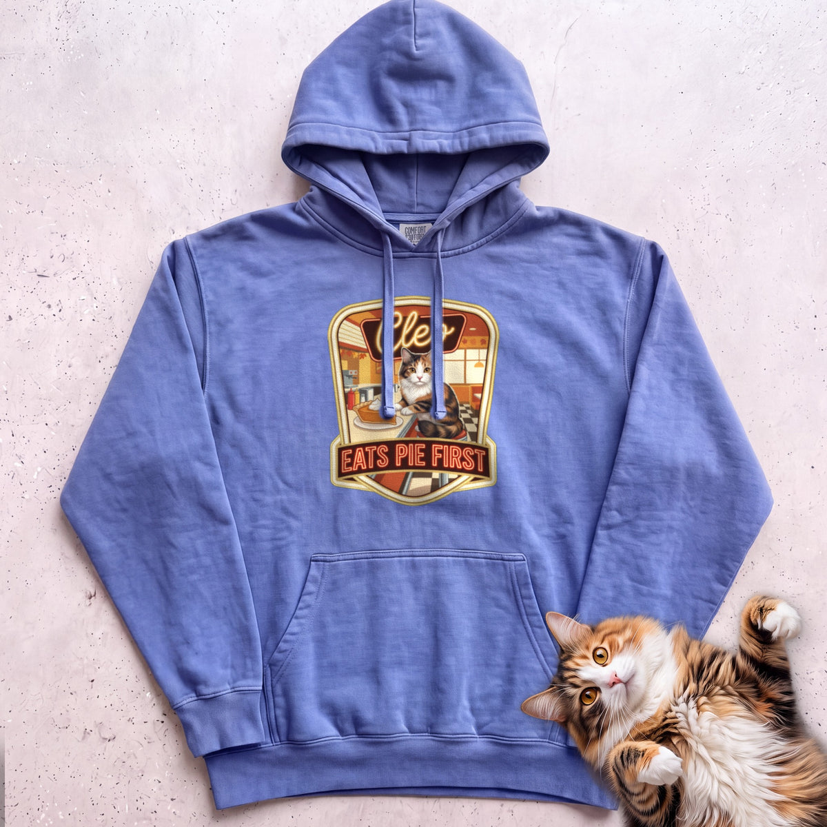 Personalized Pie First Diner Cat Hoodie - Flo Blue
