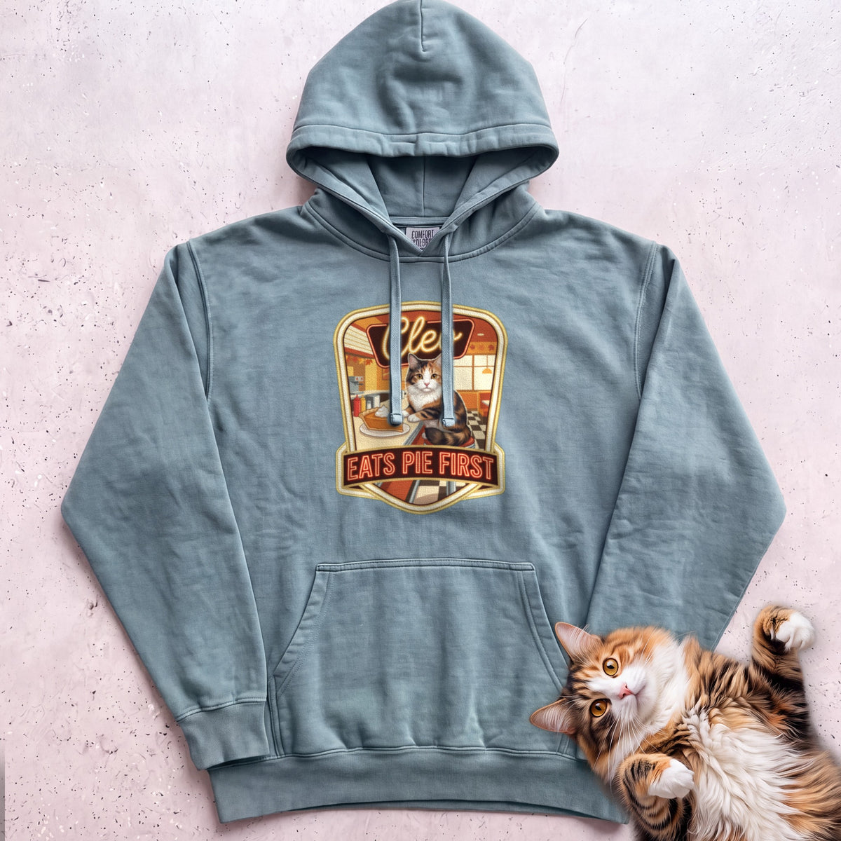 Personalized Pie First Diner Cat Hoodie - Seafoam