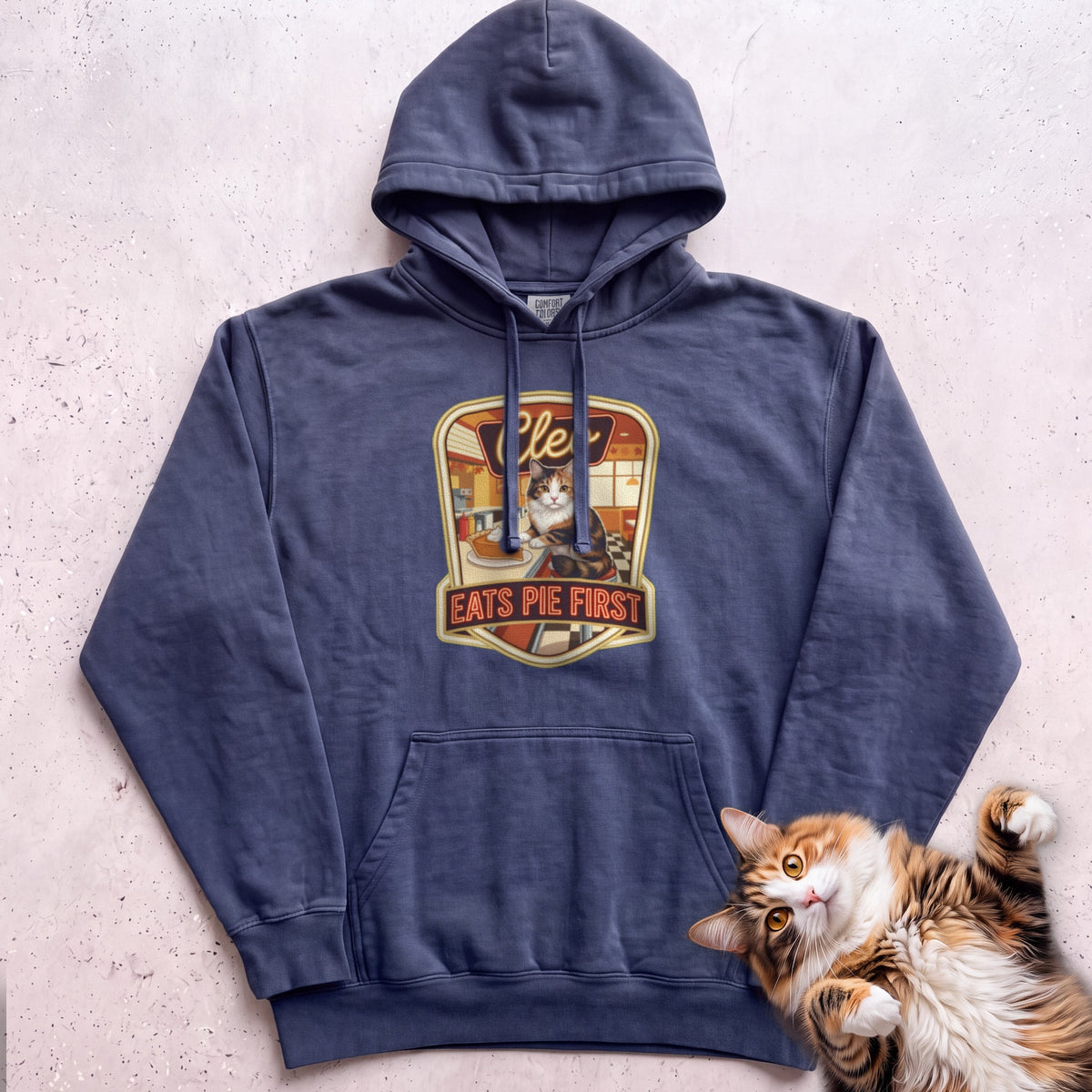 Personalized Pie First Diner Cat Hoodie - True Navy