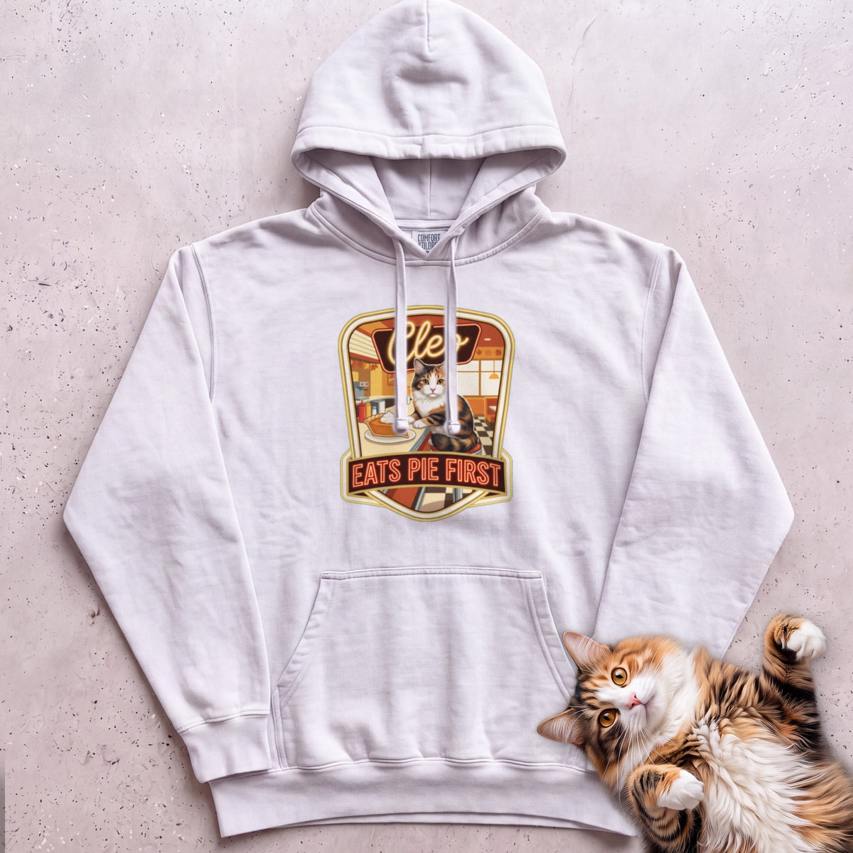 Personalized Pie First Diner Cat Hoodie - White