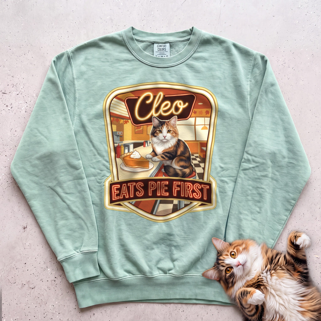 Personalized Pie First Diner Cat Sweatshirt - Light Green