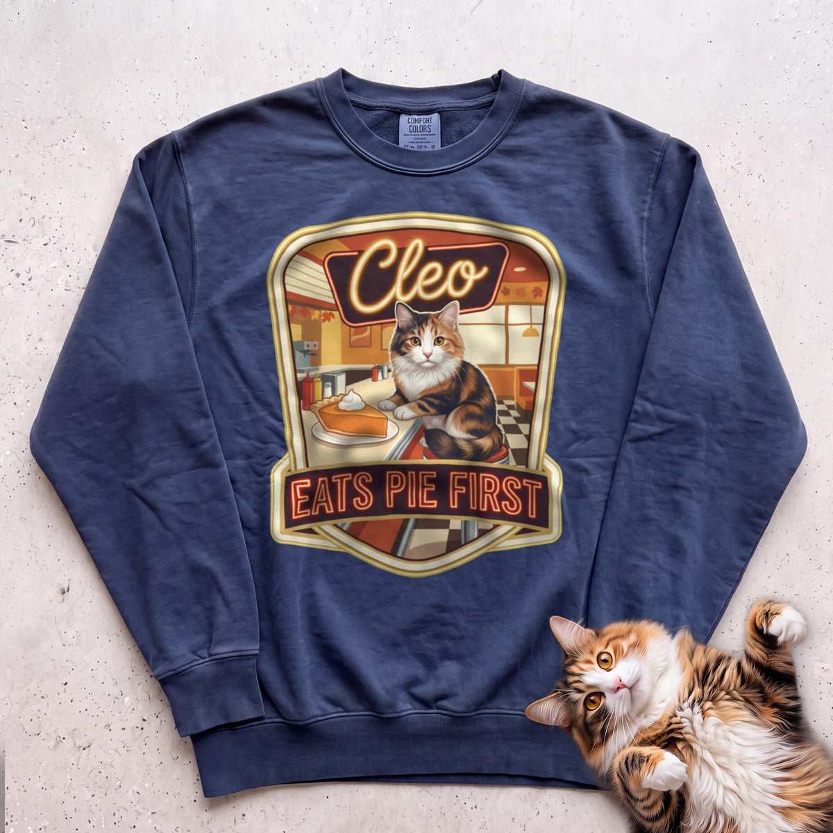 Personalized Pie First Diner Cat Sweatshirt - True Navy