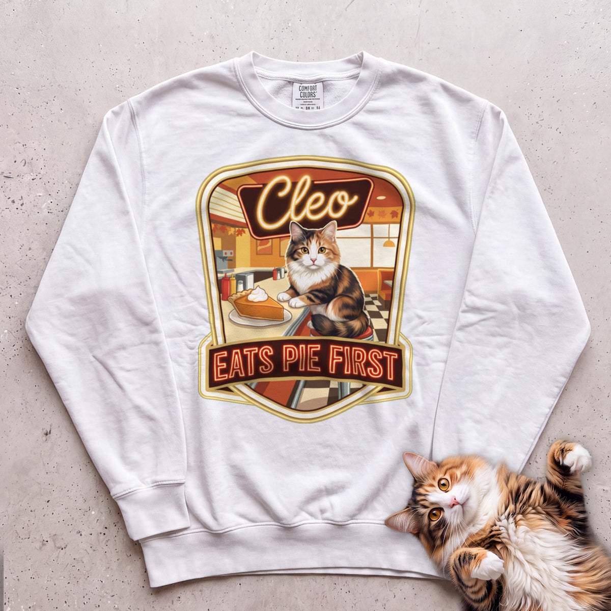 Personalized Pie First Diner Cat Sweatshirt - White