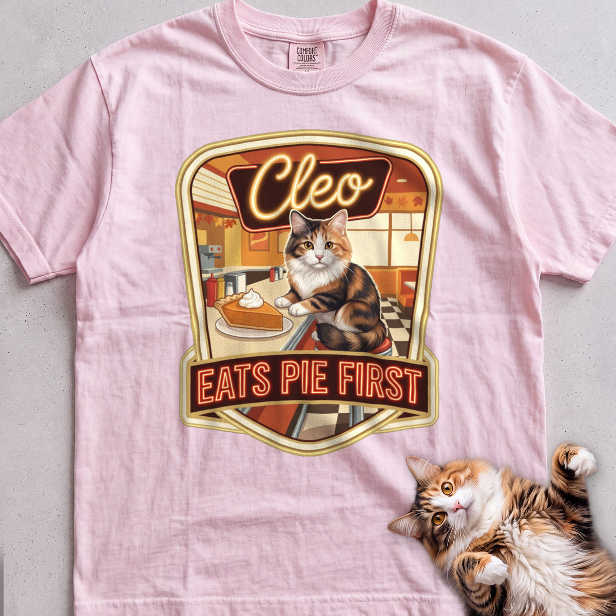 Personalized Pie First Diner Cat T-Shirt - Blossom