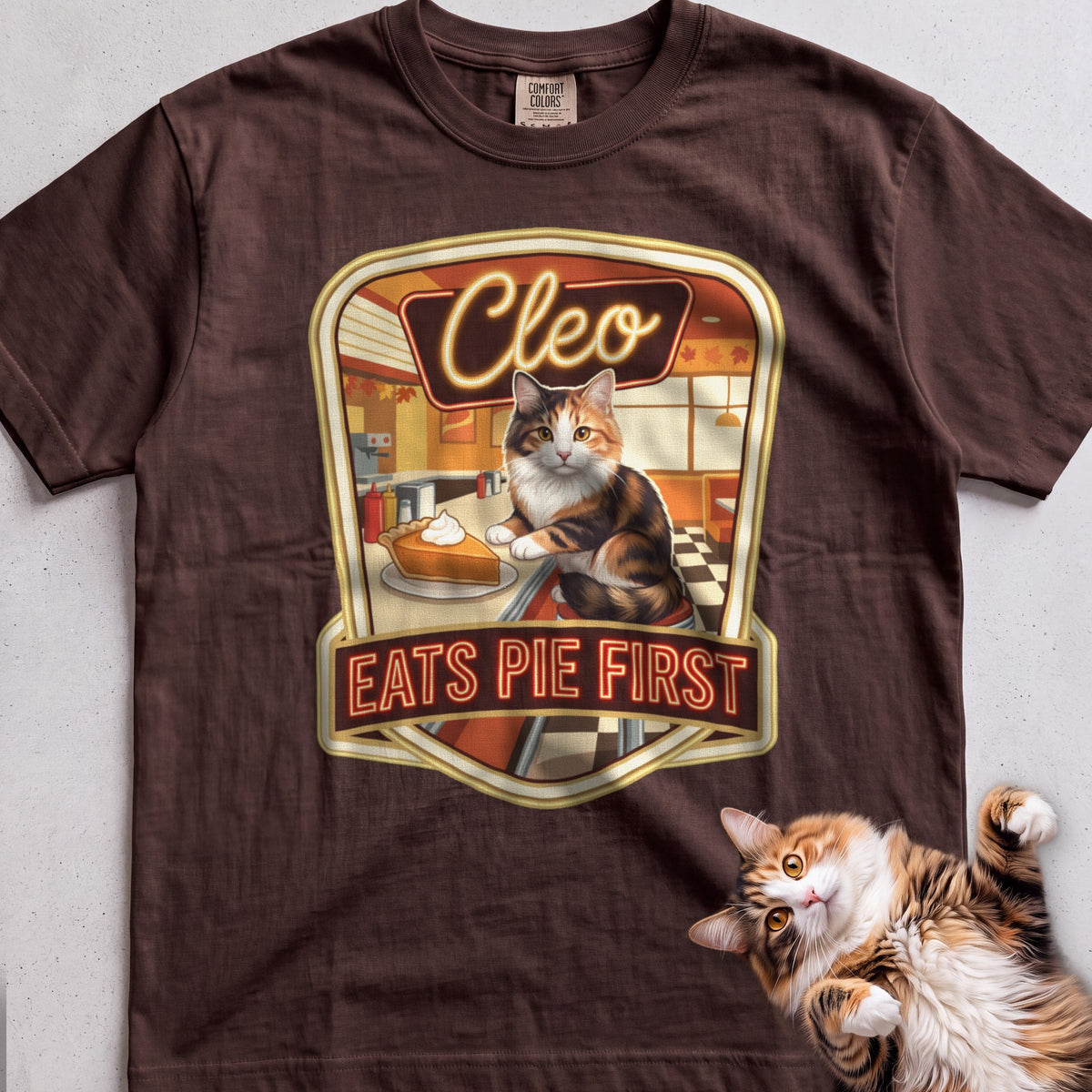 Personalized Pie First Diner Cat T-Shirt - Espresso