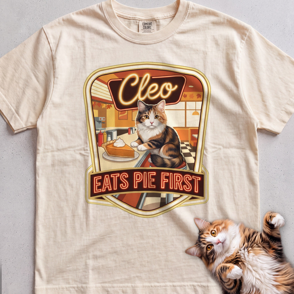 Personalized Pie First Diner Cat T-Shirt - Ivory