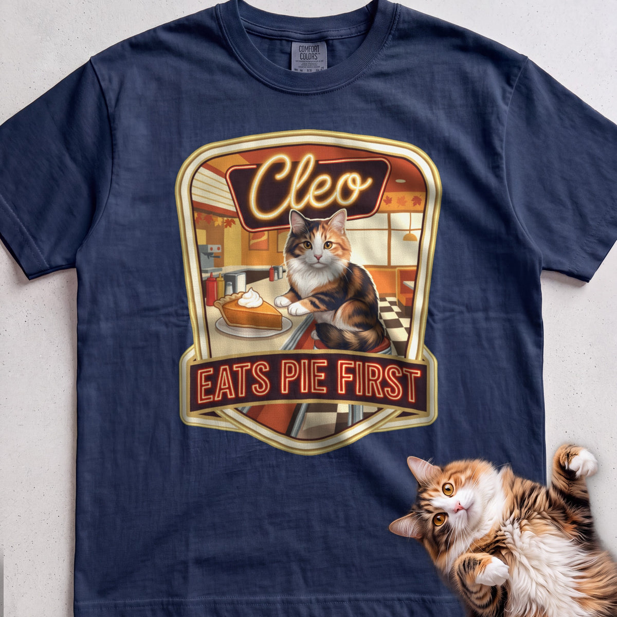 Personalized Pie First Diner Cat T-Shirt - True Navy